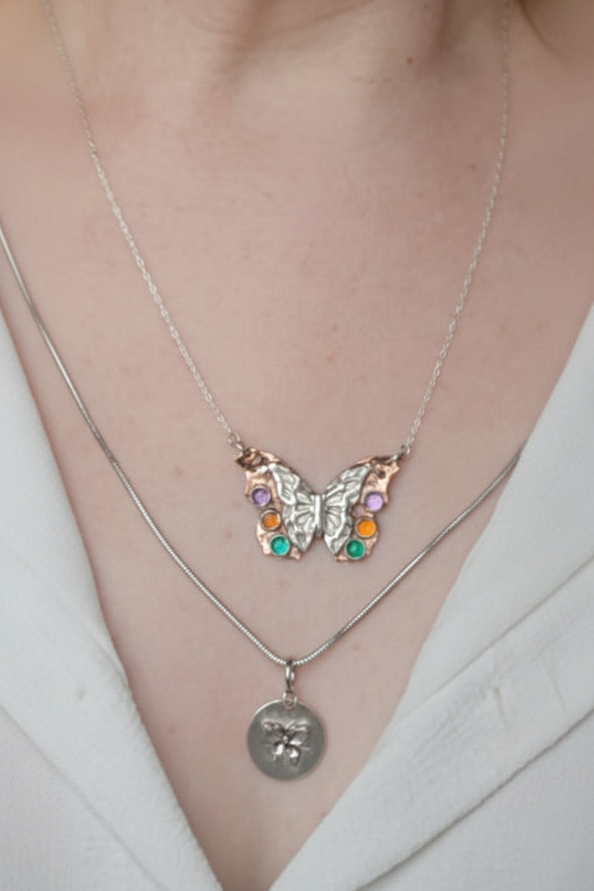 Transformation Copper and Silver Butterfly Pendant Necklace